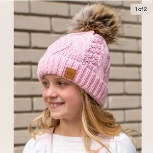 Panache Kids pink cable knit hat with pom accent